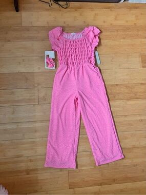 NWT Girls Size 8 Pink Eyelet Smocked Jumpsuit w/ Matching Hair Clip Outfit